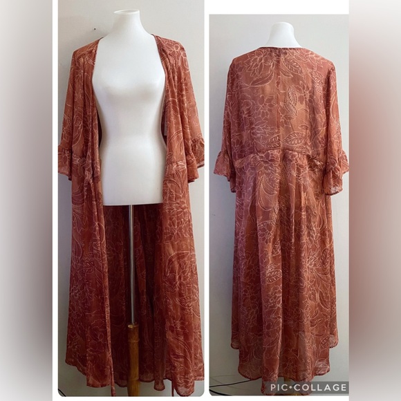 Arna York Rust Color Floral Kimono Duster Boho Chic Casual Fairy Workwear - Picture 1 of 4